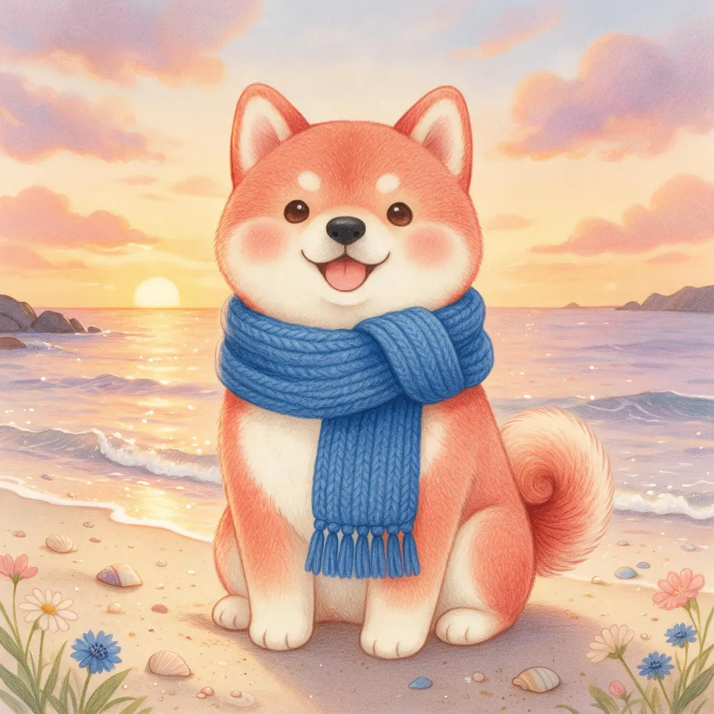 一句提到之前那只柴犬的话。Cotekumi 带上柴犬,做出同一只狗在海边。