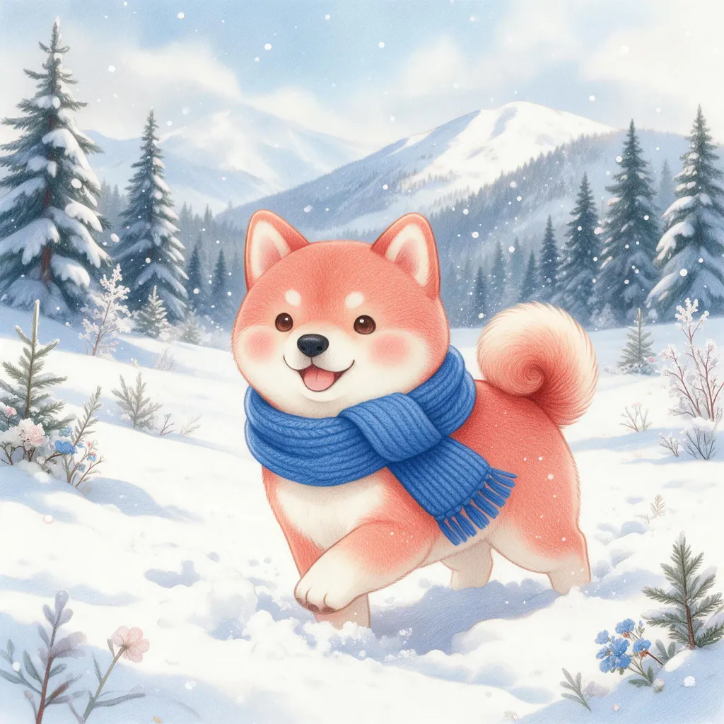 同一只柴犬在新雪里奔跑